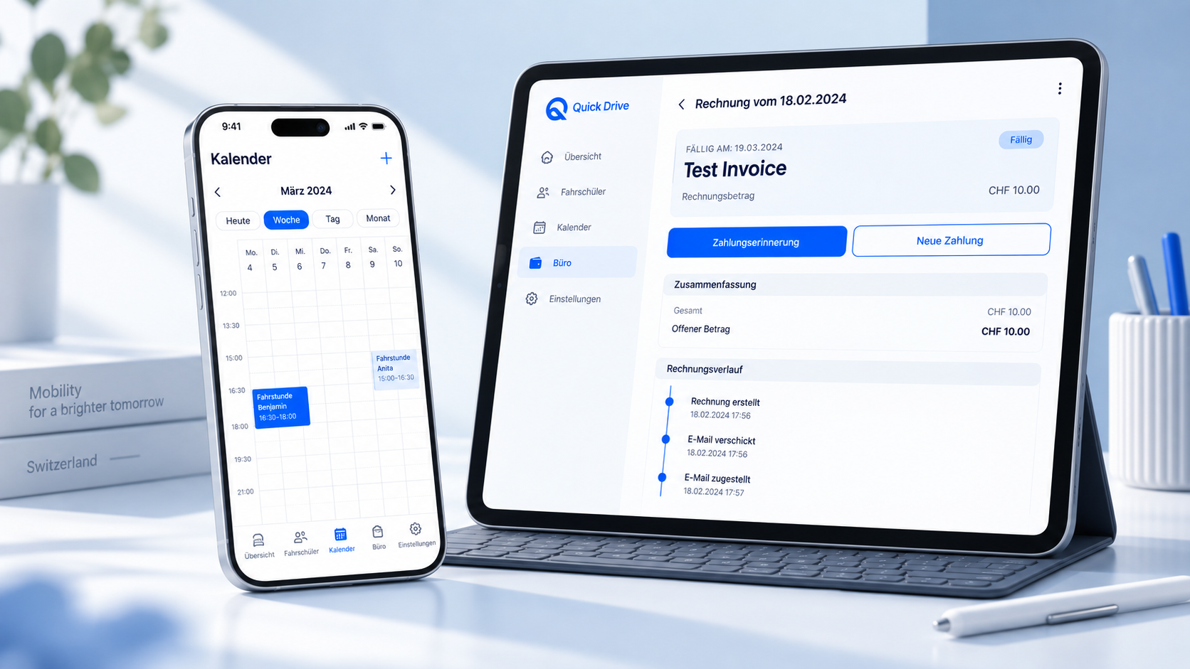 Quick Drive auf zwei Geräten mit heller Kalender- und Rechnungsansicht